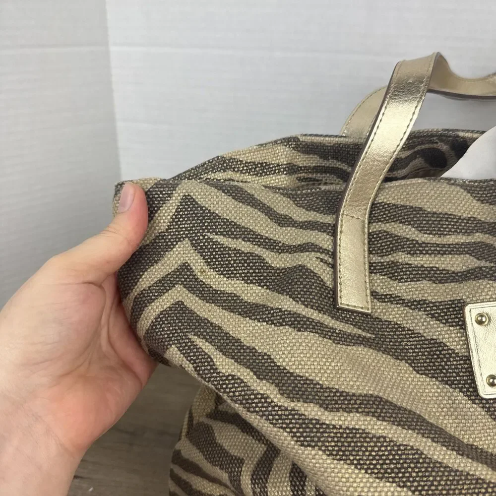 Michael Kors Gold Zebra Print Tote Canvas Bag Purse
